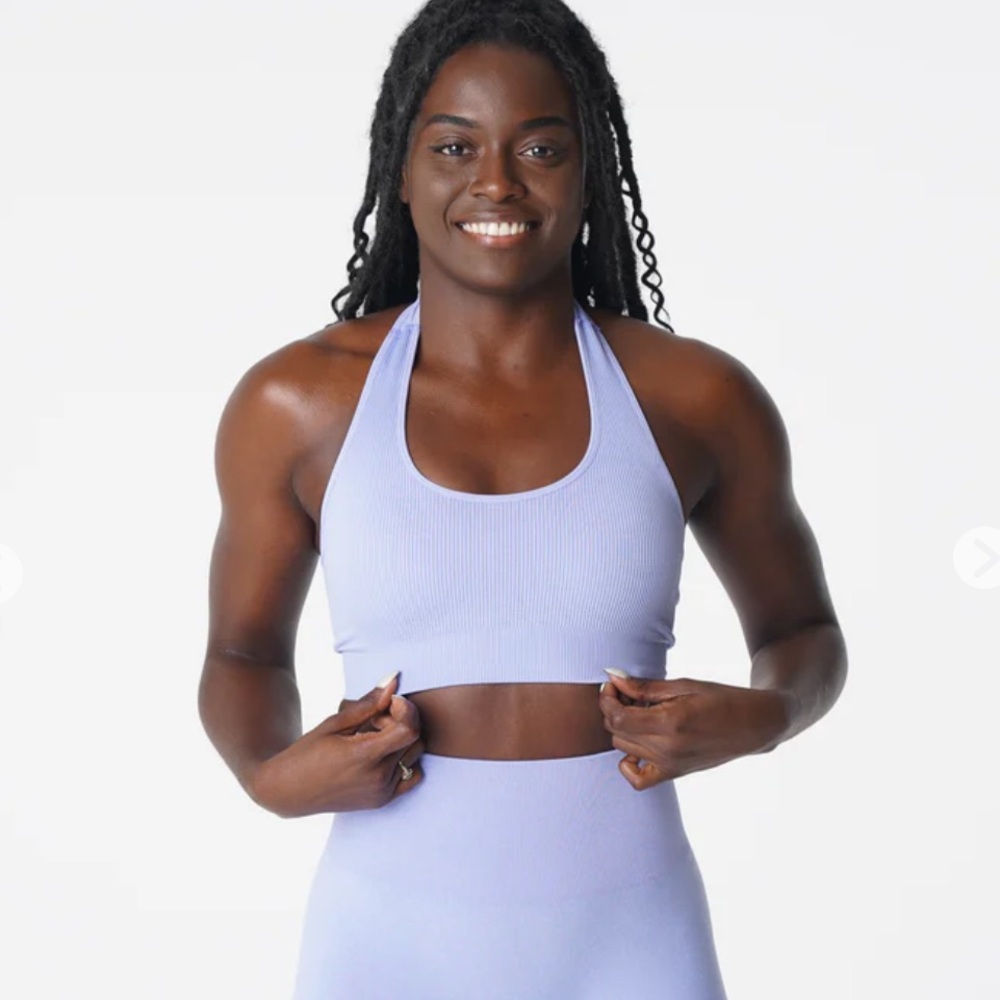 NVGTN periwinkle limitless ribbed seamless halter bra